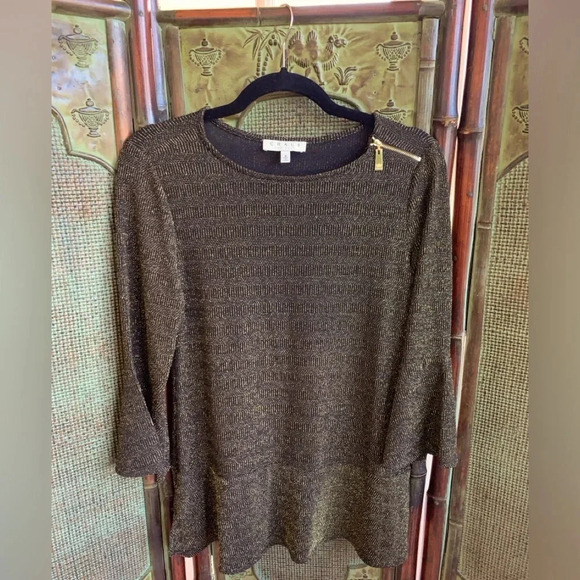 CHAUS WOMENS SCOOP NECK 3/4 LENGTH SLEEVE BLACK & GOLD‎ SPARKLY TUNIC SIZE SMALL - Picture 2 of 9